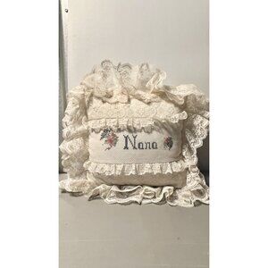 Vintage Embroidered NANA Lace Throw Pillow 10” Square